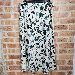 RACHEL ZOE Off White & Green Floral Leaf Midi Crepe Slip Skirt